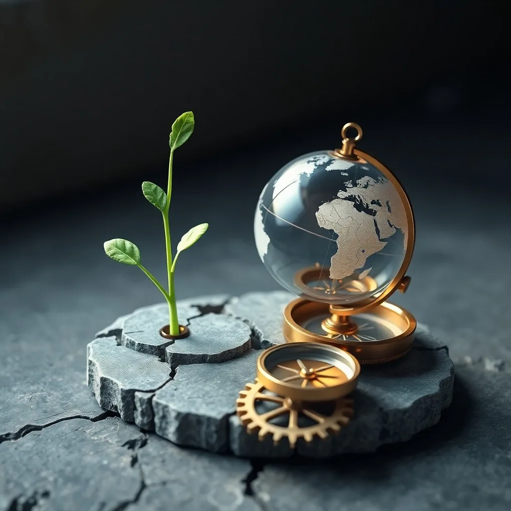 Hucha transparente con monedas y semillas, junto a un árbol en miniatura que crece de informes financieros, y una lupa sobre un 'Impact Report', en un render 3D detallado.