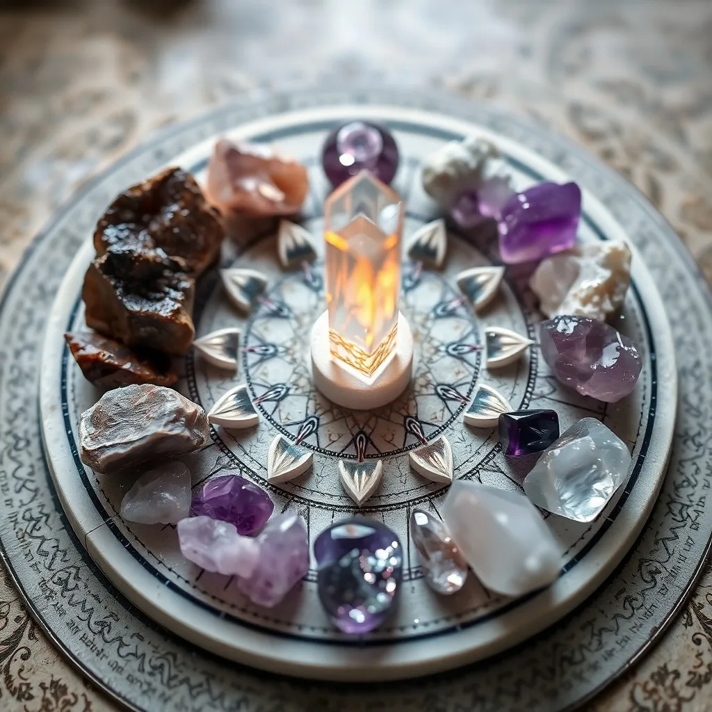 A holographic projection of the Flower of Life geometry shimmering above a collection of raw and tumbled crystals, surrounded by ancient esoteric symbols etched into a stone surface, ambient magical glow, deep shadows, ultra-realistic textures.