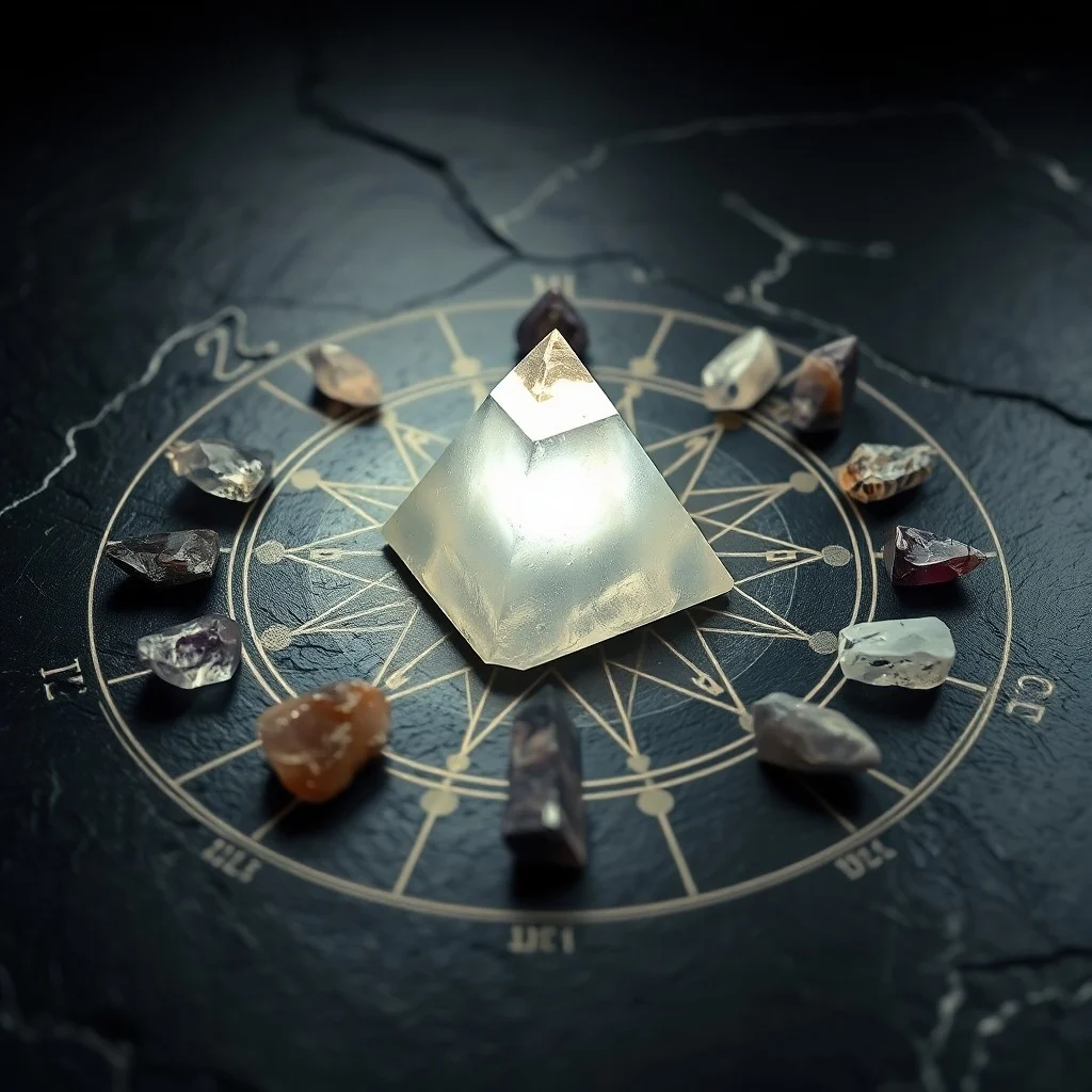 An antique brass compass pointing to a central, glowing crystal sphere, surrounded by intricate patterns of sand and small, vibrant gemstones, a parchment scroll with handwritten intentions partially unfurled, soft candlelight, atmospheric and mysterious, extreme close-up macro photography.