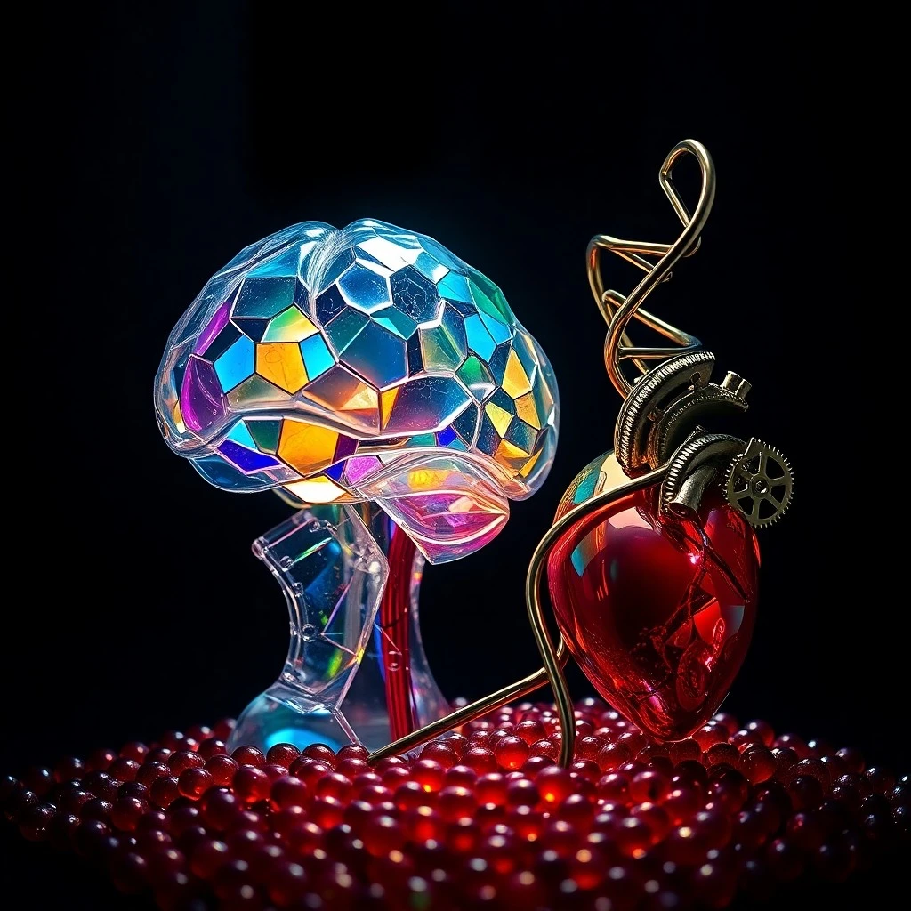 Pintura conceptual en acuarela de un vórtice vibrante de colores y luz, que representa el flujo de energía e información en el cuerpo humano, con formas abstractas de órganos y células.