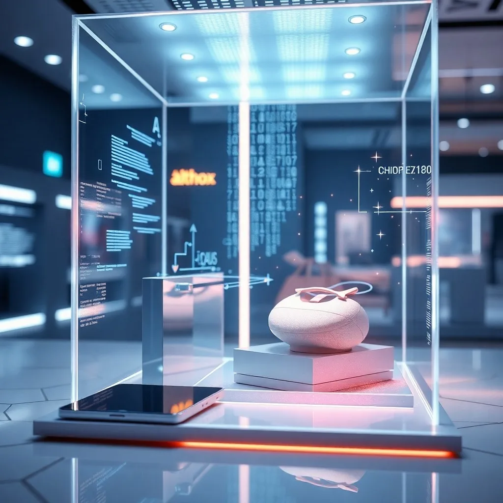 Fotografía cinematográfica de un smartphone mostrando una mesa de café virtual en un salón moderno, con la interfaz de la aplicación de realidad aumentada visible y un diseño elegante.