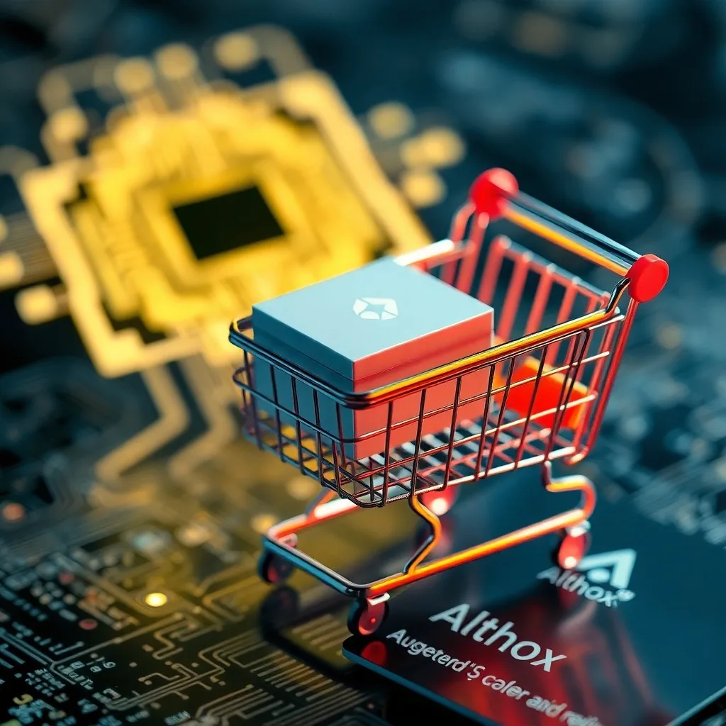 Renderizado isométrico de un mapa de tienda interactivo en 3D superpuesto en un smartphone, mostrando rutas y ubicaciones de productos con iconos flotantes, estilo moderno y limpio.