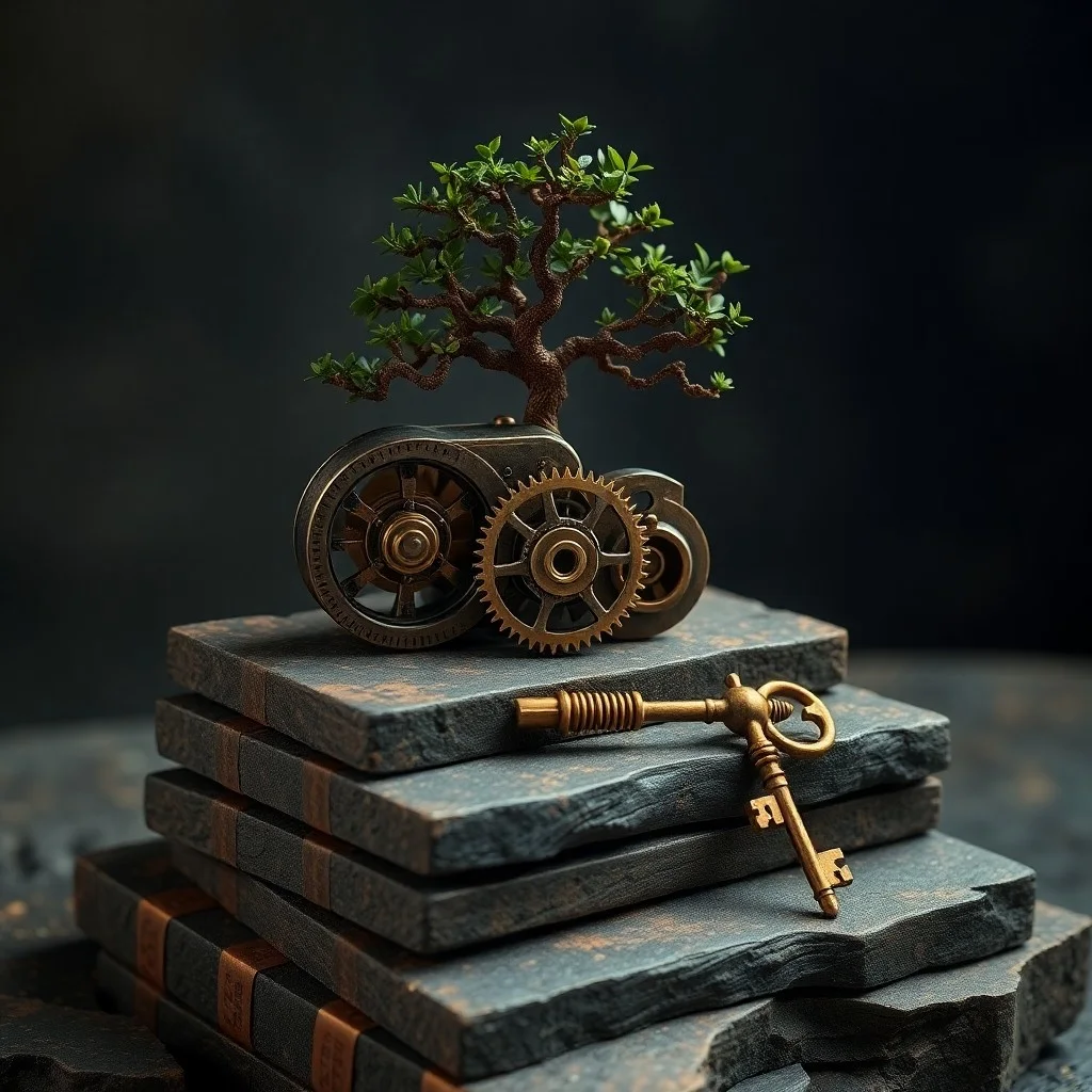 Close-up still life of a weathered journal, brass compass, and heavy stone on an antique desk, symbolizing discipline and structured learning.