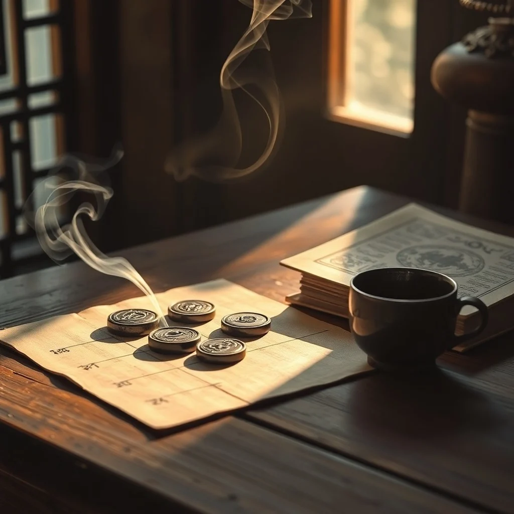 Cinematic still life of ancient scrolls and a bronze I Ching hexagram on a dark scholar's desk, with dramatic lighting emphasizing historical depth and scholarly pursuit.