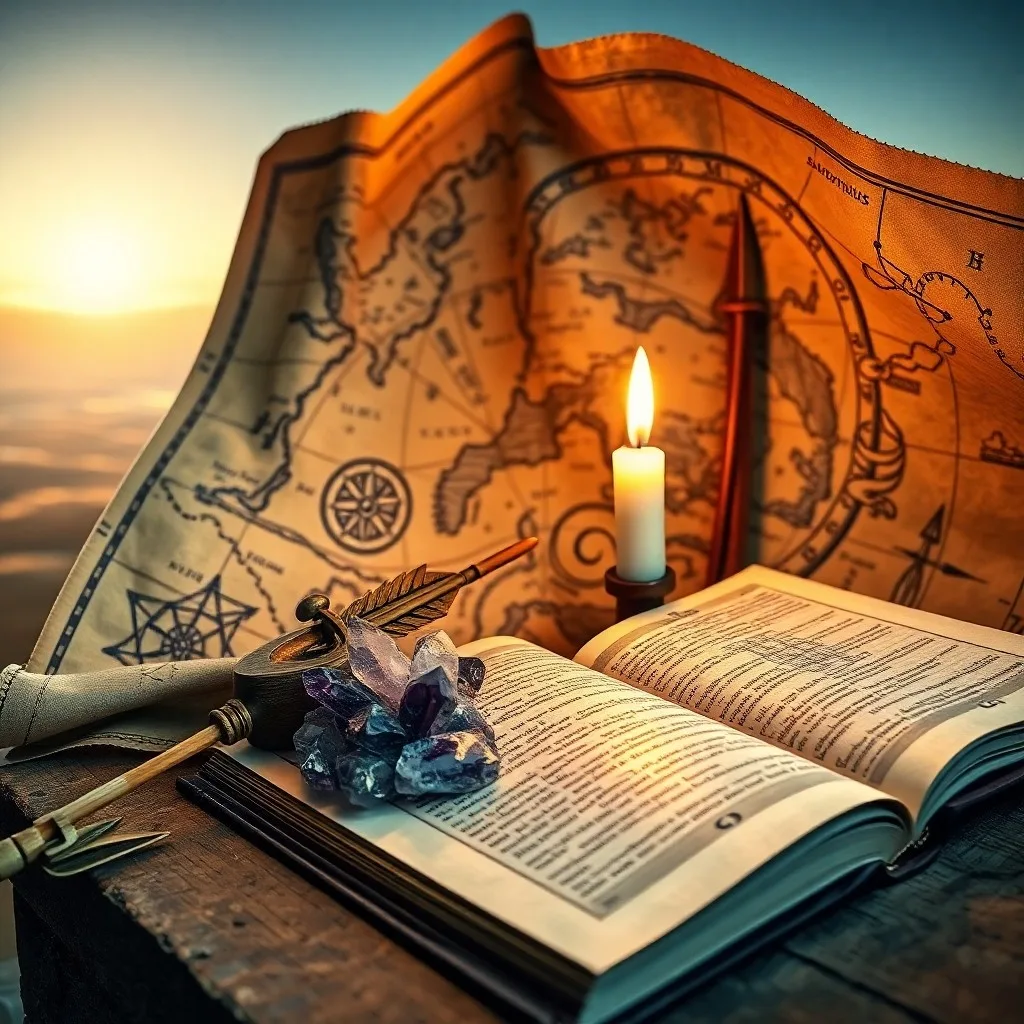 A fiery arrow piercing through ancient philosophical texts and a globe, symbolizing the Sagittarian quest for knowledge and worldly exploration.