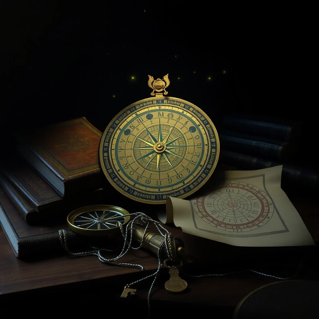 Diario de cuero antiguo con mapas celestes y notas manuscritas, una vela parpadeante y un reloj de arena, simbolizando el paso del tiempo y los ciclos kármicos.