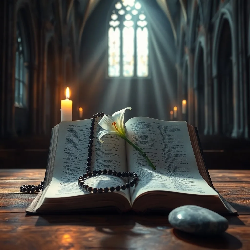 Una Biblia antigua y un rosario sobre un altar de madera, iluminados por una vela, evocando un ambiente de oración y estudio teológico.