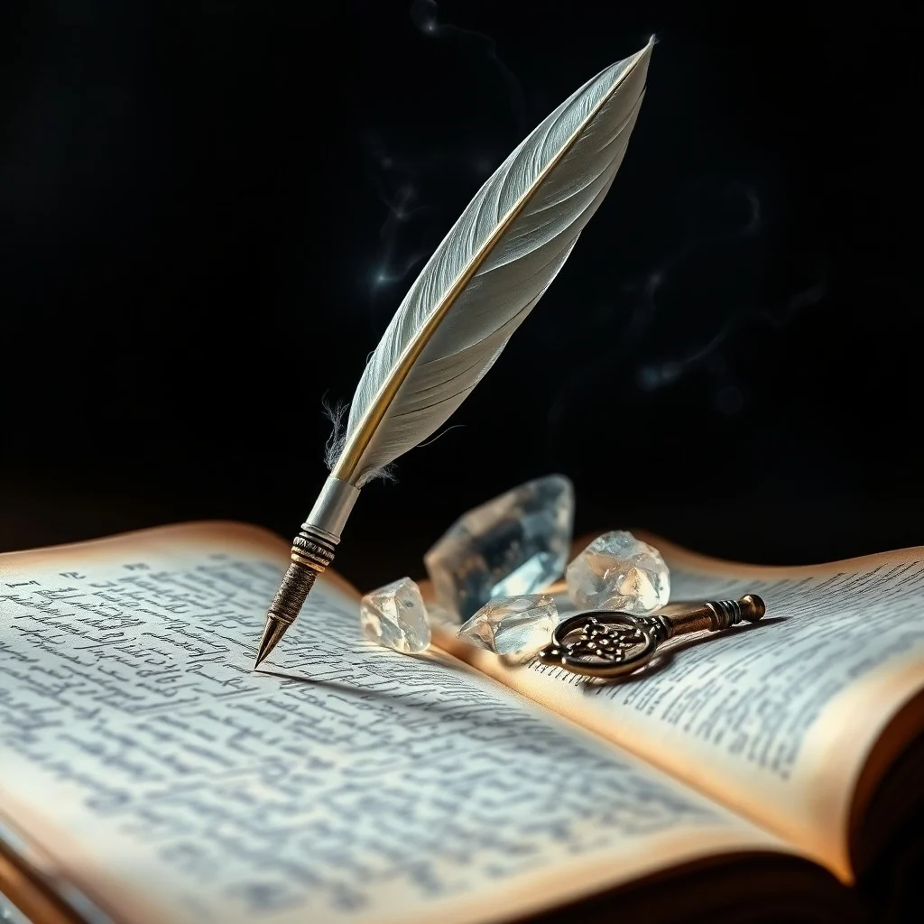 Antique journal with flowing script, flickering candle, crystal ball, and dried herbs.