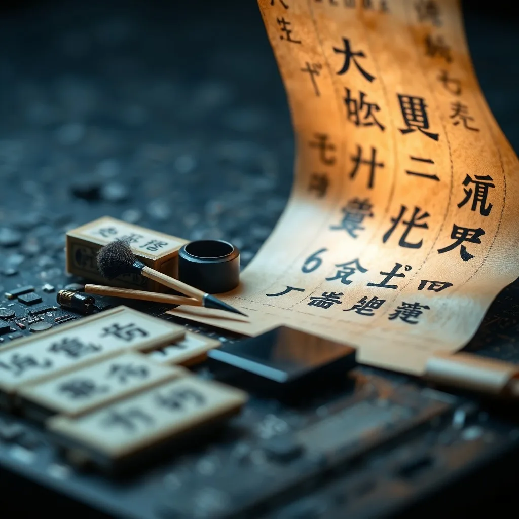 A still life featuring ancient writing implements like a quill, inkwell, and a worn parchment scroll with Aramaic script, alongside a clay tablet and a modern digital tablet displaying diverse scripts.
