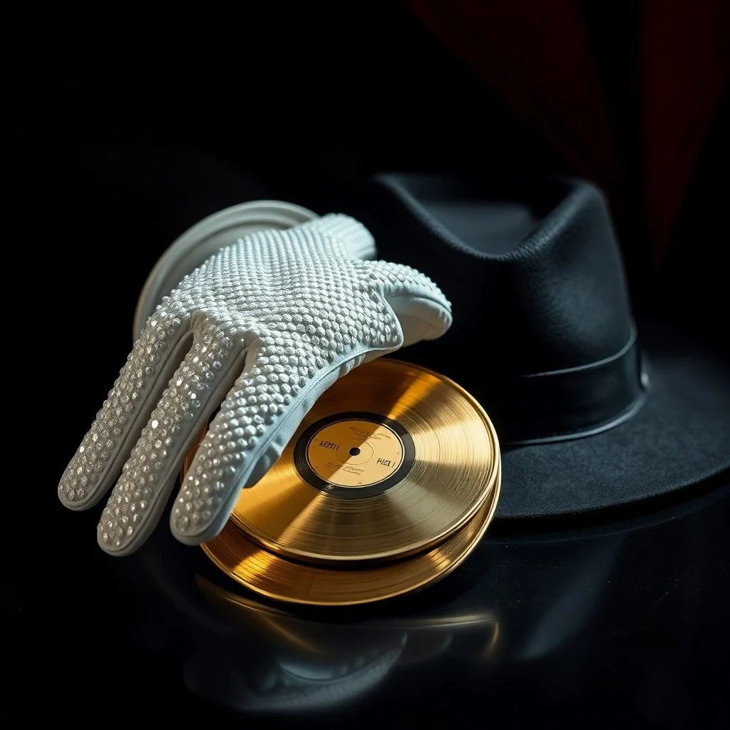 Una representación artística de un guante de lentejuelas y un sombrero fedora, flotando sobre un escenario con luces difuminadas, evocando el estilo icónico de Michael Jackson.