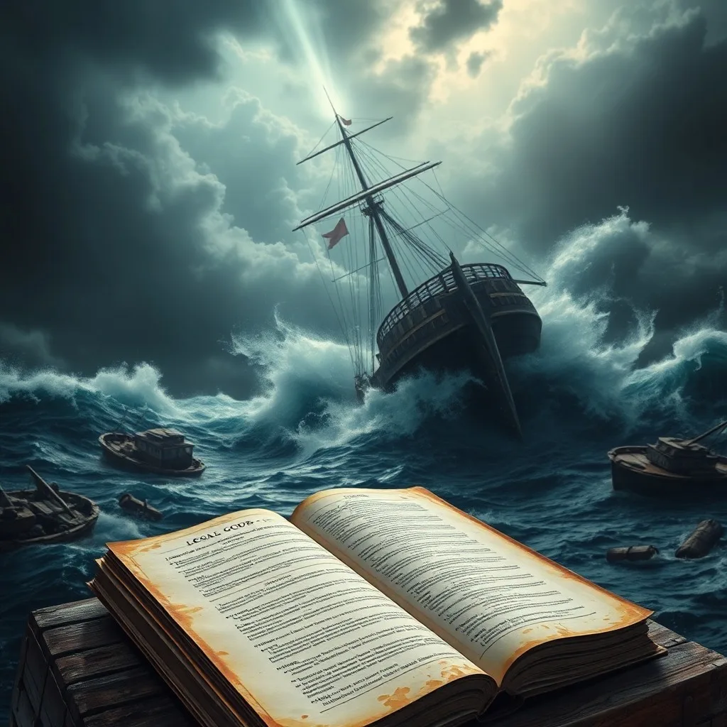 Fotografía cinemática de un sextante de latón antiguo sobre libros de derecho marítimo, con un modelo de barco cubierto parcialmente por un paño de terciopelo azul.