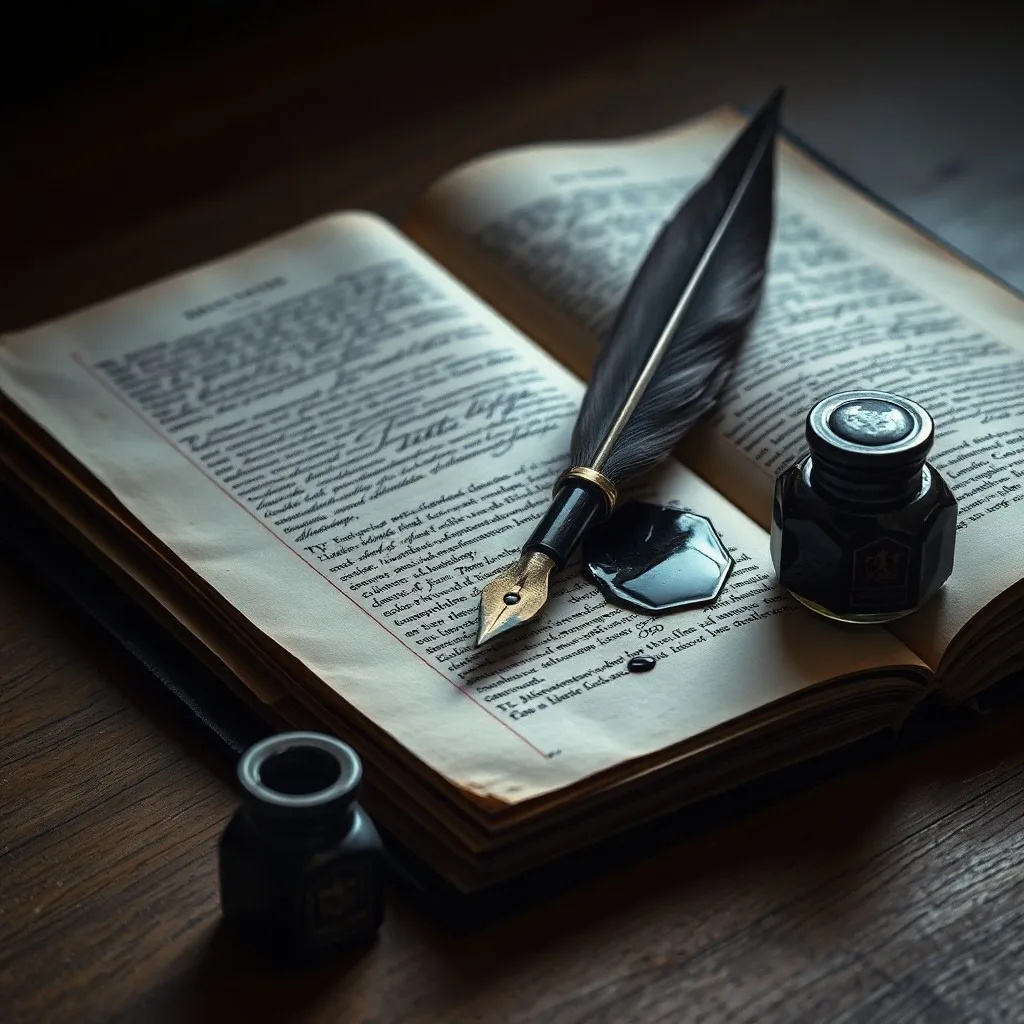 Fotografía vintage de un libro de contabilidad antiguo con pluma y tintero.
