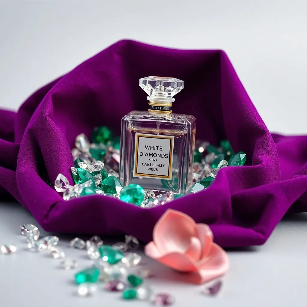 A vintage perfume bottle, likely an early Elizabeth Taylor fragrance, surrounded by historic press clippings and magazine covers, all resting on a dark, polished desk, symbolizing the enduring media impact and financial legacy of her brand.