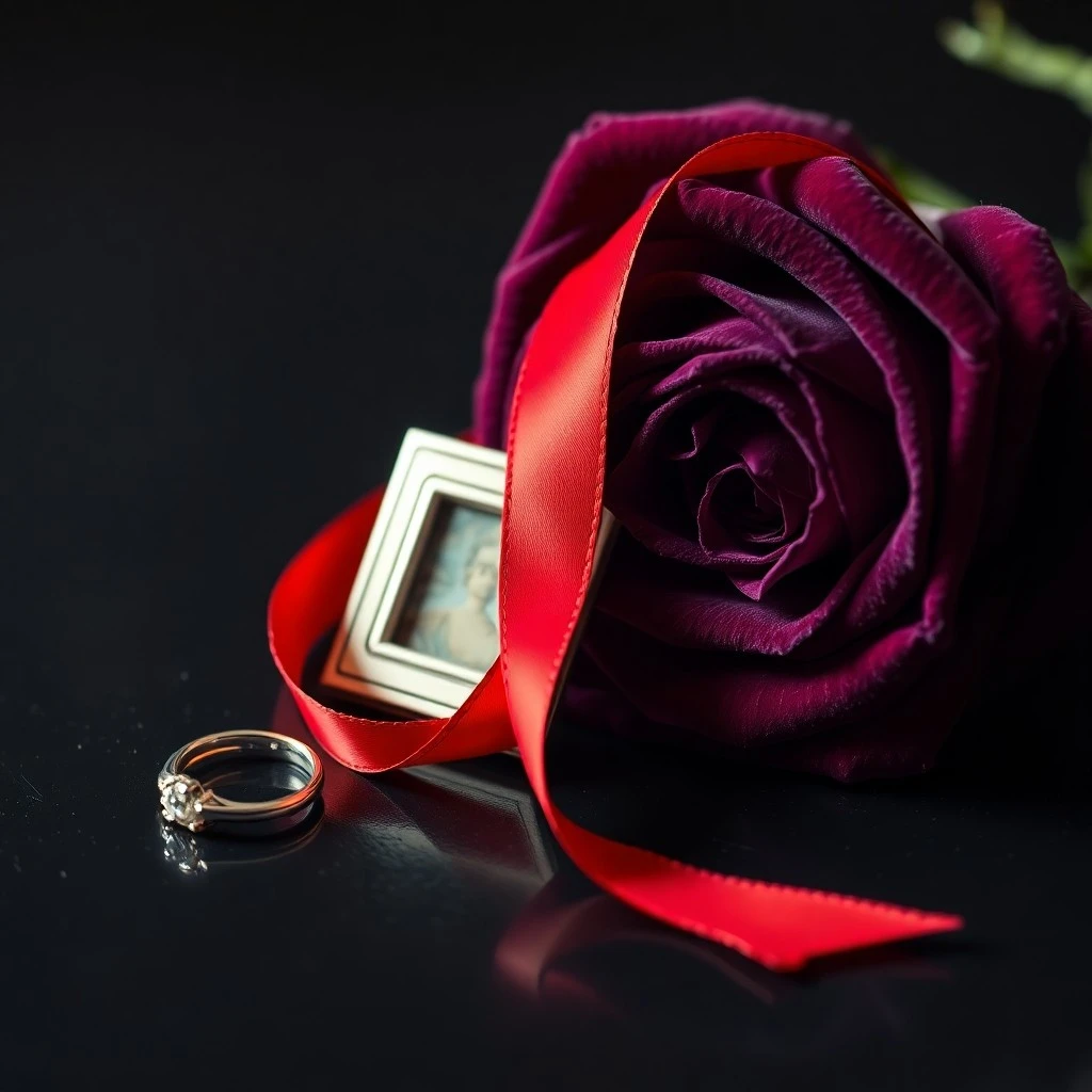 A vintage still life featuring a stack of old, yellowed newspaper clippings with headlines hinting at celebrity scandals, partially obscured by a single, pristine white rose, all resting on a dark, polished wooden desk. The lighting is soft and reflective.