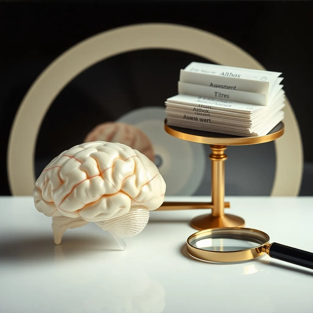 Cinematic still life featuring a vintage medical textbook on neurology, an antique magnifying glass, and old neurological instruments on a dark wooden desk, lit to emphasize serious study.