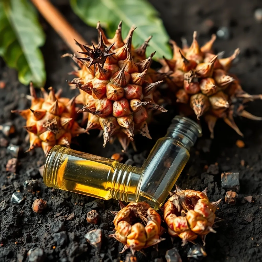 Cinematic still life of an antique wooden mortar and pestle with dried Tribulus Terrestris fruits, surrounded by old parchment scrolls and glowing golden dust.