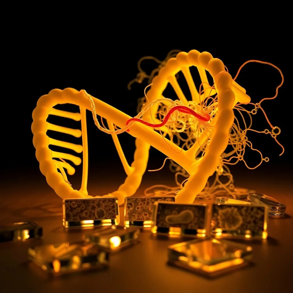 Cinematic still life of scientific instruments and a genetics textbook, symbolizing cellular processes.