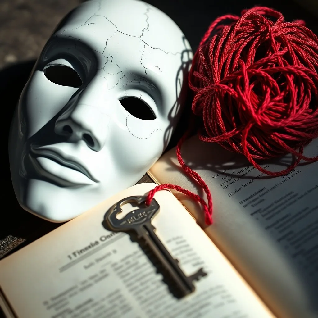 Cinematic still life of an old, weathered leather-bound journal with faded ink, resting on a polished wooden desk next to a magnifying glass and a single, rusted key. The journal's pages are slightly ajar, revealing cryptic handwritten notes and diagrams, all bathed in soft, dramatic chiaroscuro lighting.