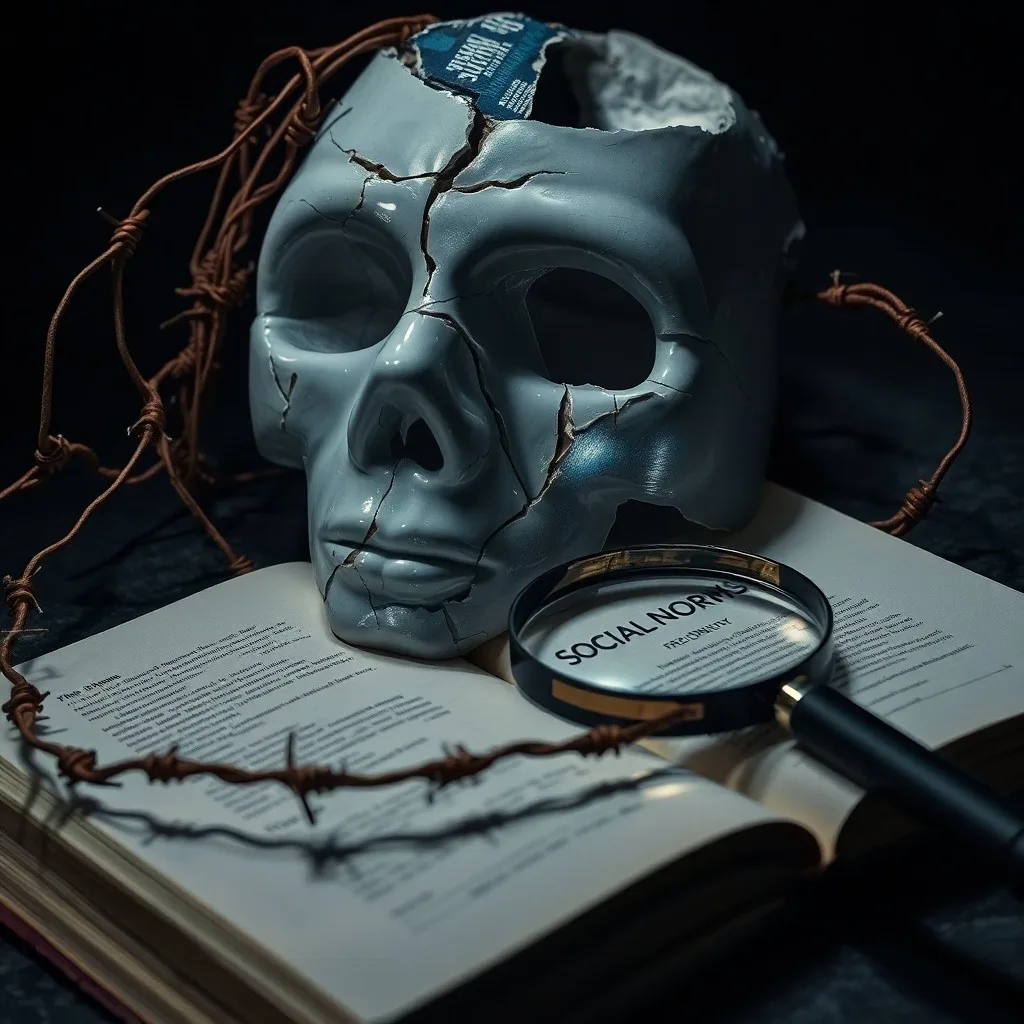 Cinematic still life of a weathered, open sociology textbook on a dark wooden desk, illuminated by a single, focused beam of light. Next to it, a magnifying glass rests on a page discussing 'social norms' and 'deviance,' with a few handwritten annotations in the margins. The background is softly blurred, suggesting a quiet study environment. The color palette is muted, with deep browns and subtle sepia tones.