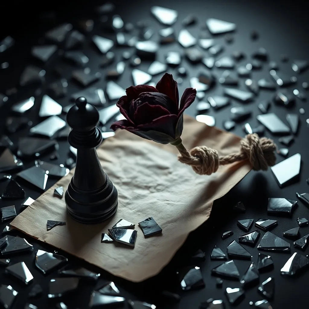 Abstract conceptual art piece depicting shattered glass shards forming a distorted reflection of societal structures. The shards are arranged to suggest a broken framework, with some pieces glowing faintly, symbolizing individual actions diverging from the whole. The background is a gradient of deep blues and purples, conveying a sense of introspection and complexity. The style is modern and thought-provoking.