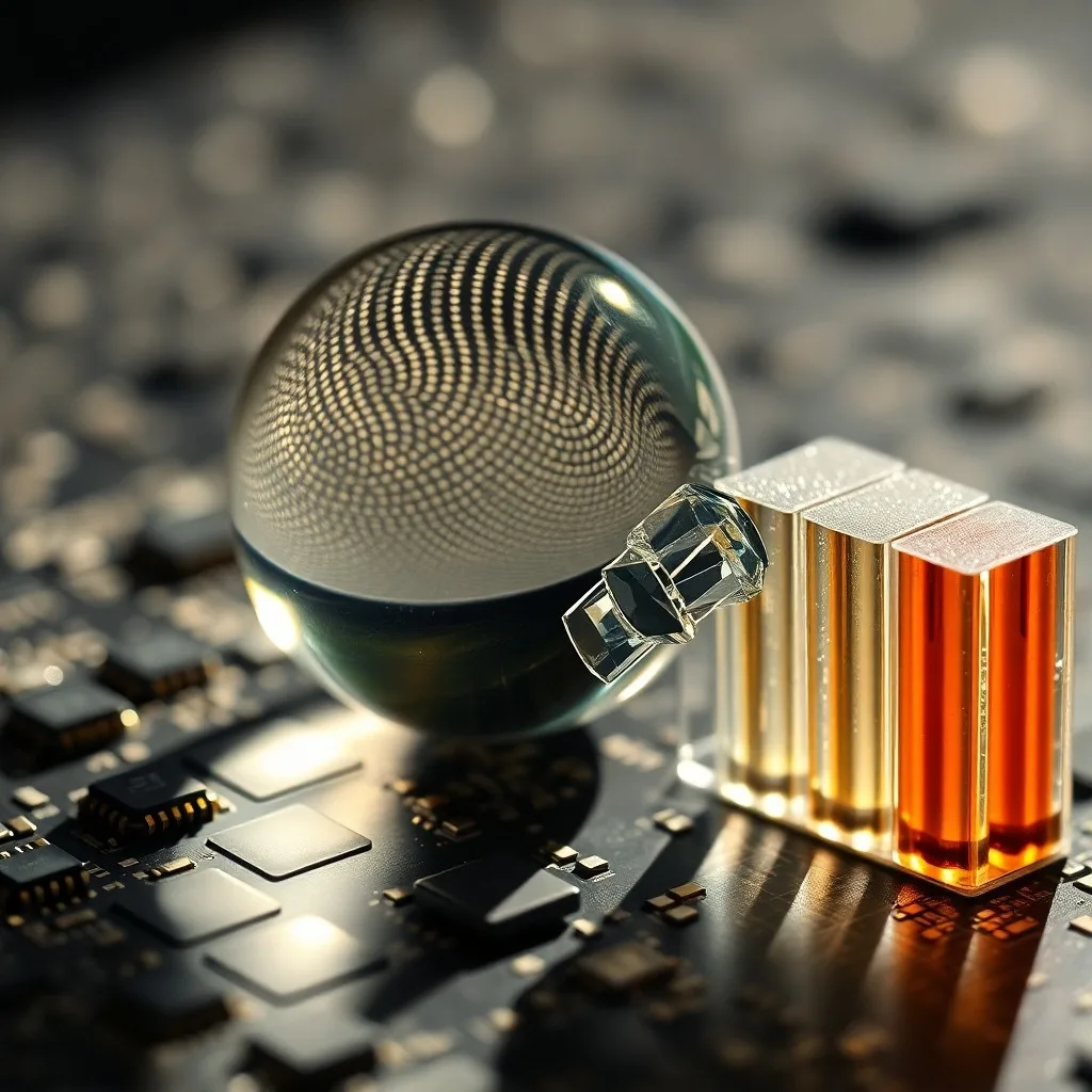 Macro photograph of a vintage optical lens with pronounced chromatic aberration, showing distinct color fringes around the edges of a bright light source.