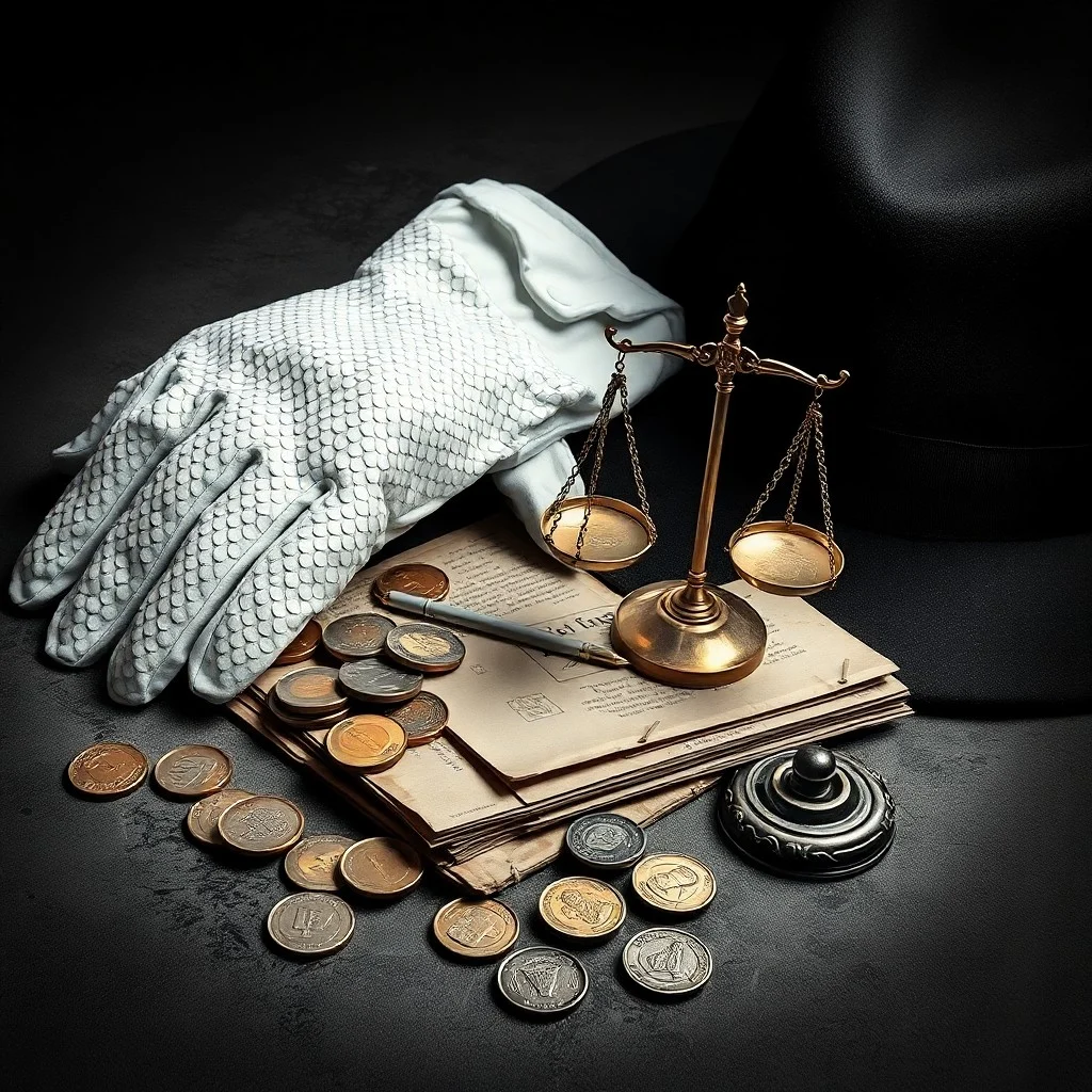A detailed still life photograph of aged legal documents, a vintage quill pen, and a faded black and white photograph of Michael Jackson, placed on a dark, reflective surface, evoking themes of legal battles and enduring memory.