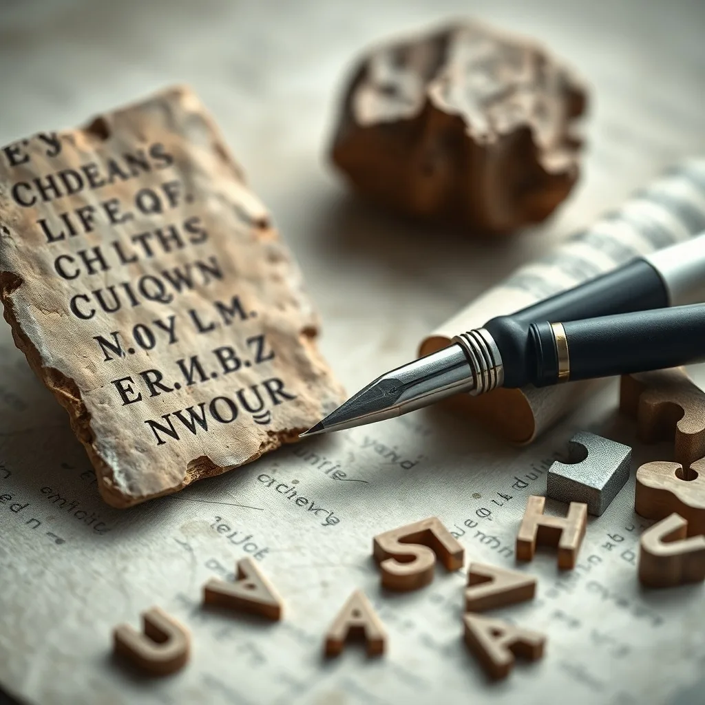 Antique writing tools and ancient scripts on parchment