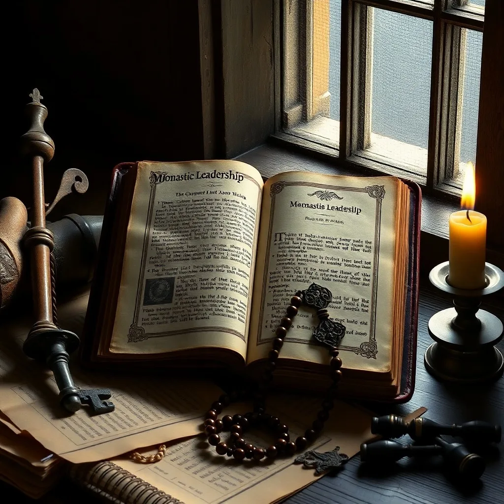 Detailed close-up of ancient monastic scrolls and quills on a rustic wooden desk, with soft candlelight creating a contemplative atmosphere, symbolizing the intellectual and spiritual labor of abbots.