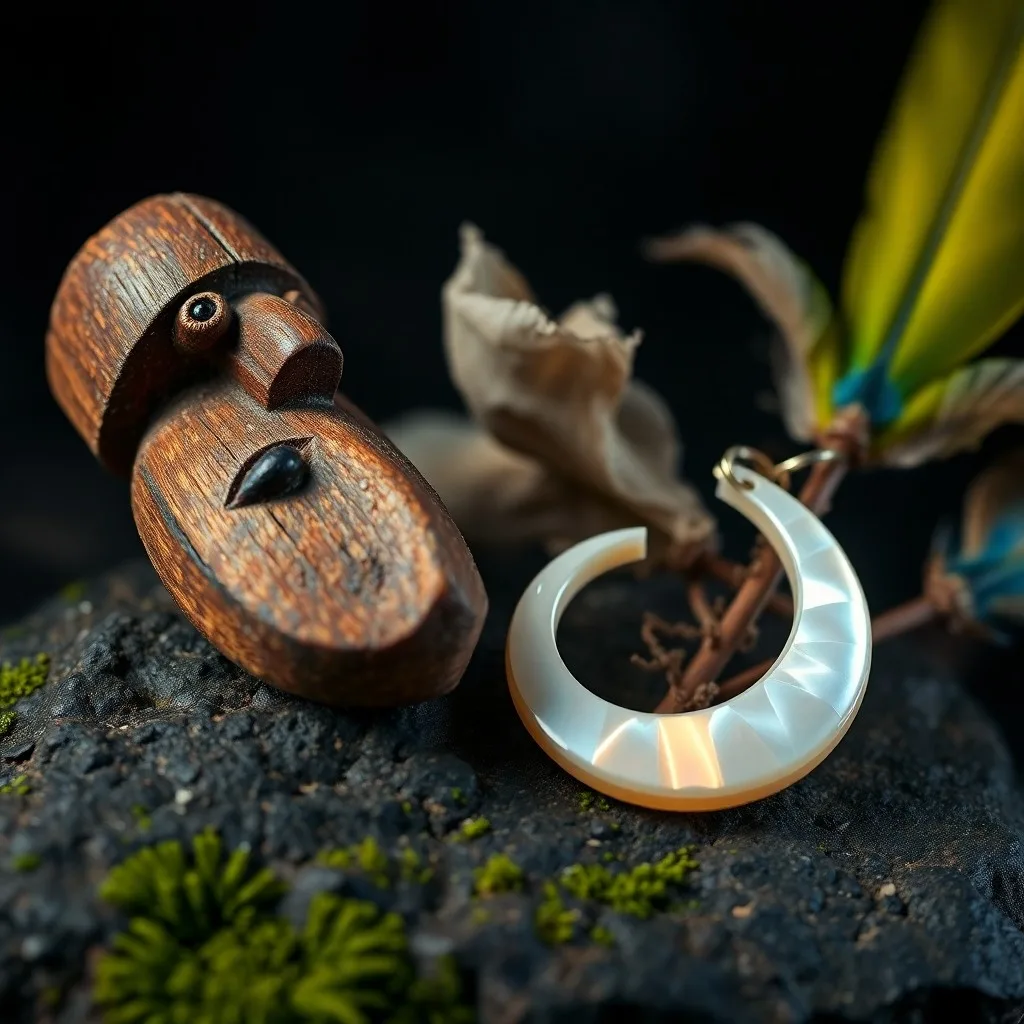 A detailed macro shot of a stylized, ancient ceramic moon artifact, adorned with intricate Guarani patterns, resting on a bed of lush jungle moss and river pebbles, bathed in soft, mystical moonlight.