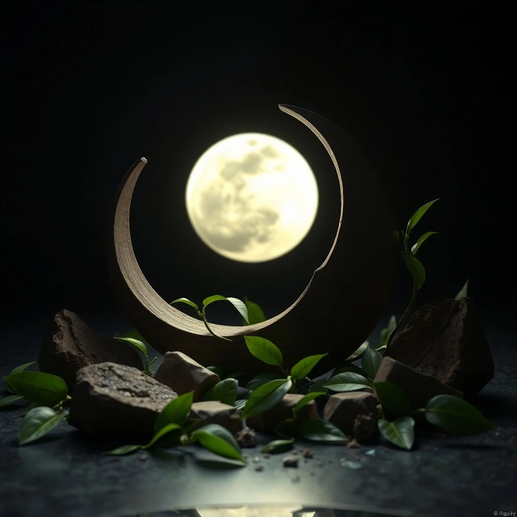 A conceptual oil painting depicting a vast, luminous full moon casting an ethereal glow over a dense, mystical jungle at night, with abstract, shadowy figures of indigenous people gazing upwards in reverence.