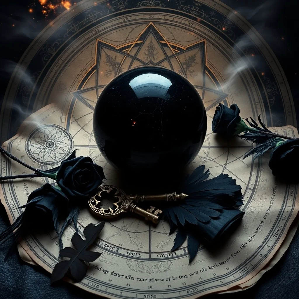Naturaleza muerta cinematográfica de un antiguo grimoire de cuero abierto en una página que muestra un eclipse lunar, rodeado de cartas de tarot desgastadas y una vela parpadeante sobre una superficie de madera oscura.