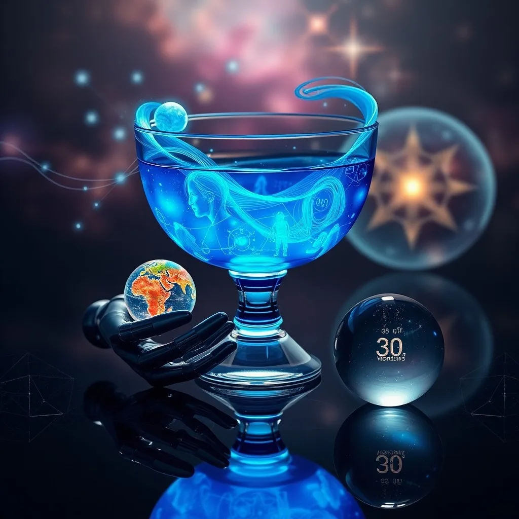 Renderizado 3D de una red neuronal interconectada y brillante, con nodos que representan ideas y conexiones humanitarias, flotando sobre un fondo abstracto de datos y código, simbolizando la mente colectiva y la tecnología.