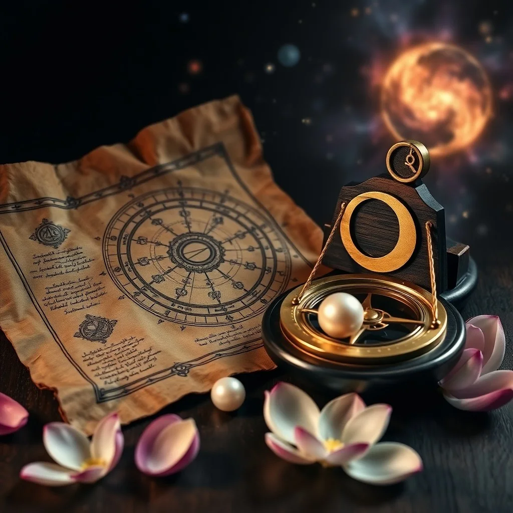 Arte conceptual de una flor de loto translúcida flotando en agua quieta, sus pétalos reflejando la luz de una luna creciente estilizada, rodeada de patrones arremolinados que representan energía cósmica, con una paleta de colores suaves y apagados.