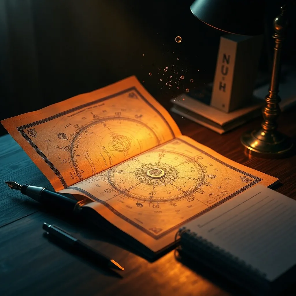 Bodegón cinematográfico de un telescopio antiguo de latón sobre un escritorio de madera, junto a un libro de astrología abierto y un pergamino con símbolos zodiacales, con iluminación suave y cálida.
