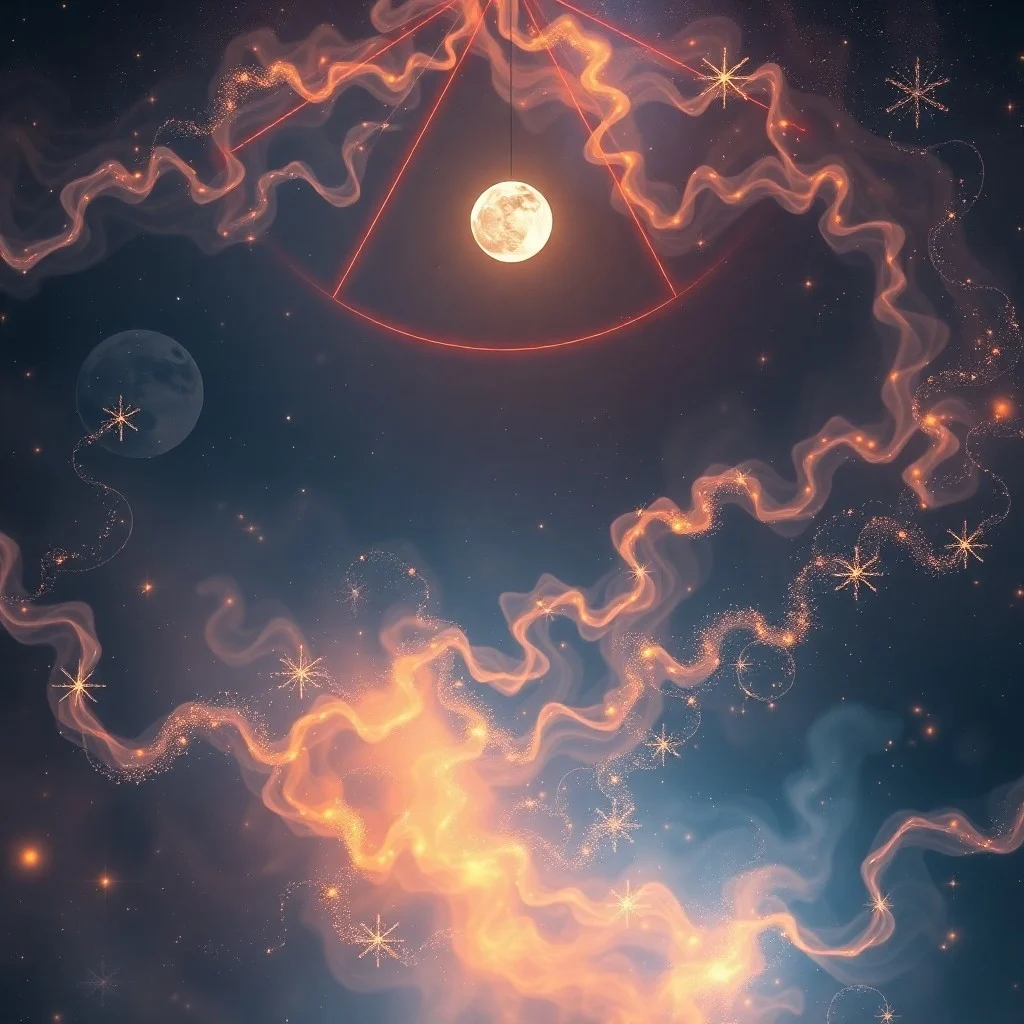 Bodegón cinematográfico de un diario de cuero abierto con notas astrológicas y símbolos, iluminado por una vela, junto a una bola de cristal que refleja un cosmos abstracto, evocando introspección.