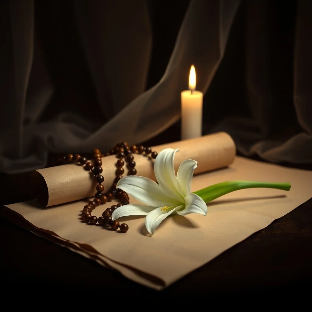 Biblia abierta con vela y rosario, símbolos de devoción