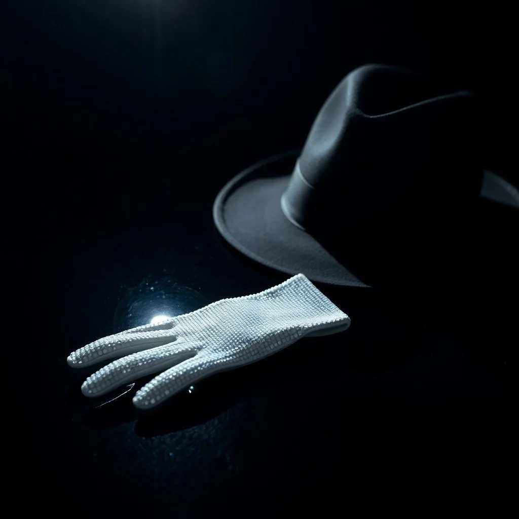 Primer plano de un guante blanco de lentejuelas sobre un suelo oscuro, capturando su brillo bajo un foco, simbolizando la magia y el misterio del baile del Rey del Pop.