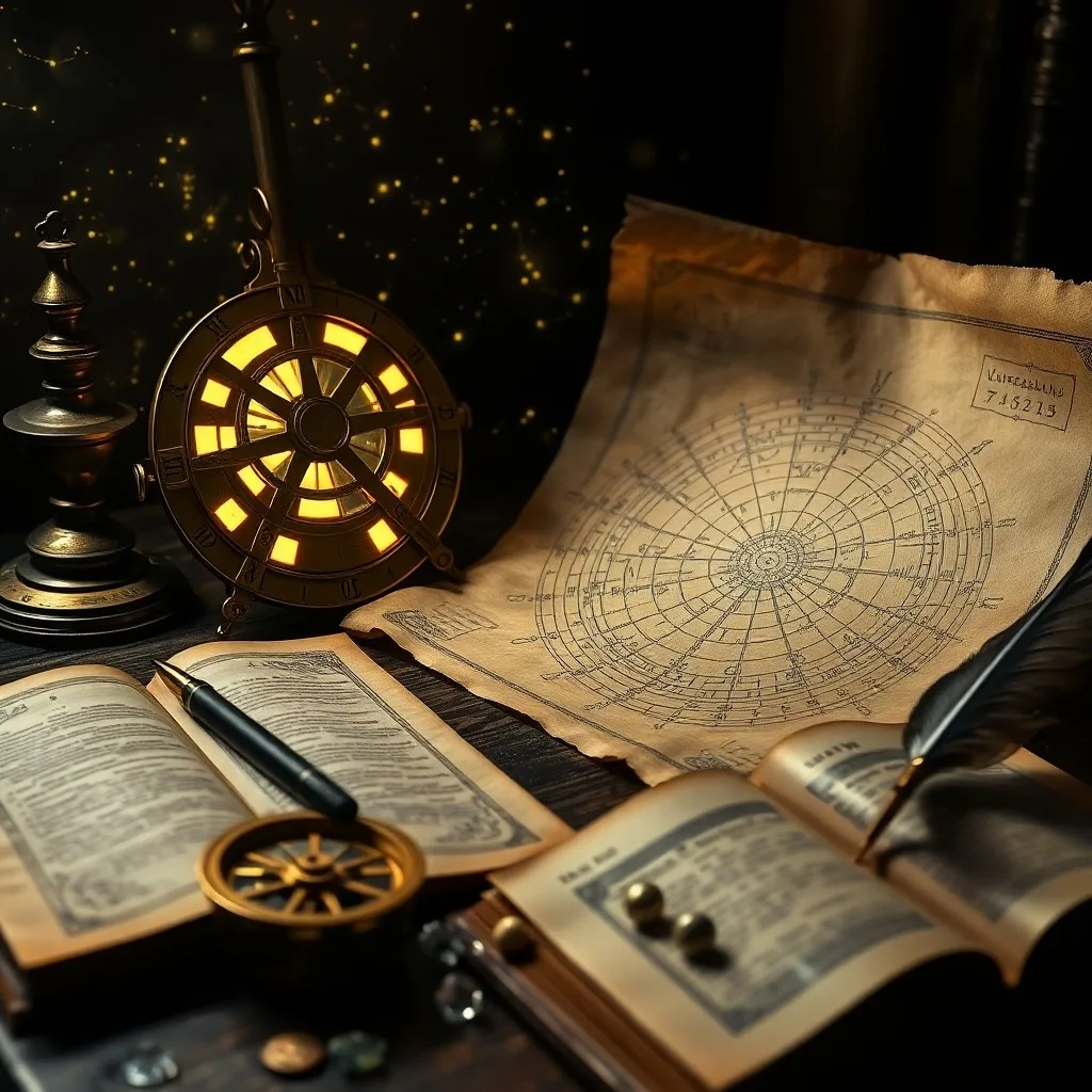 Fotografía vintage de un texto astrológico antiguo con un astrolabio y una pluma.
