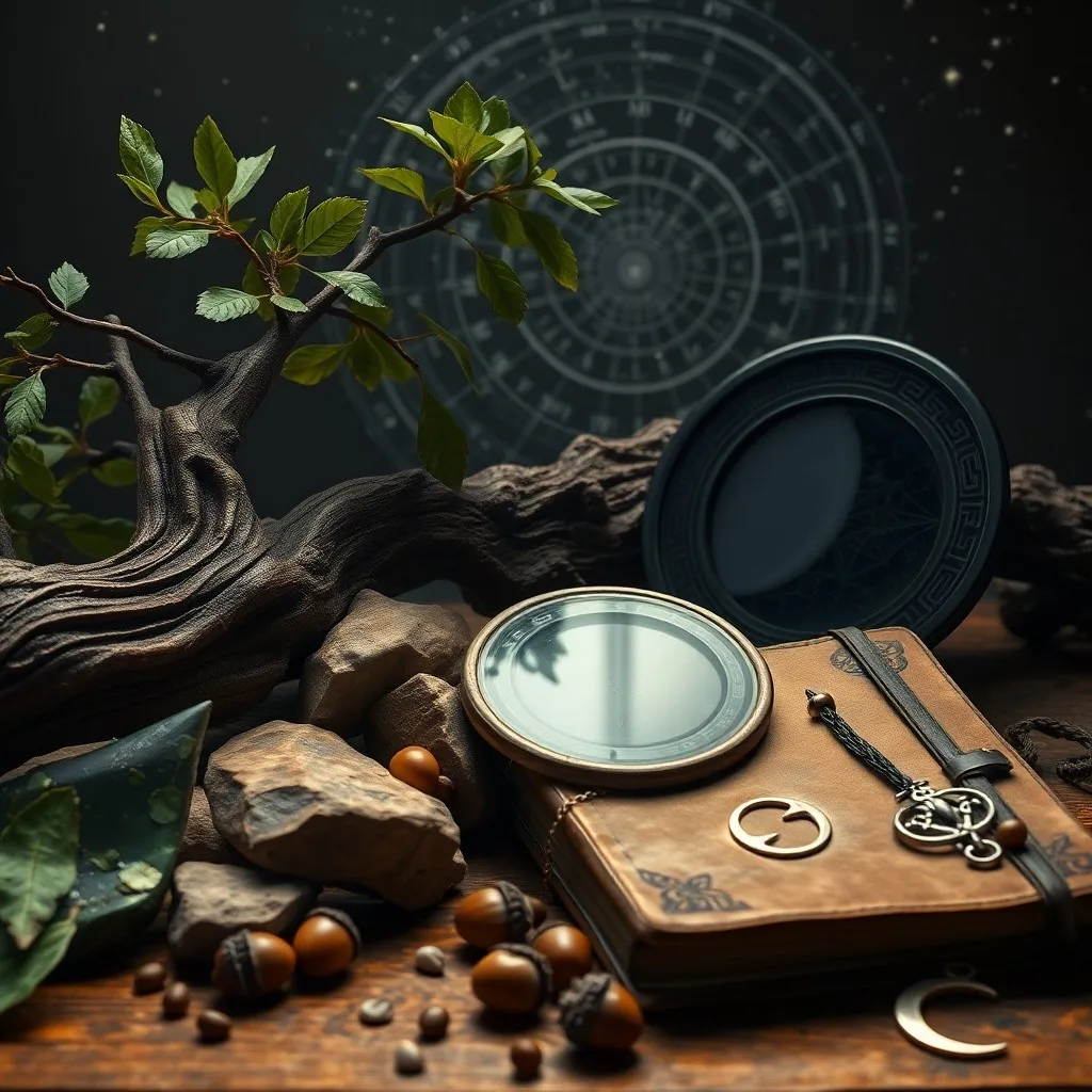 Naturaleza muerta cinematográfica de una tablilla de piedra Ogham antigua sobre una mesa de madera.