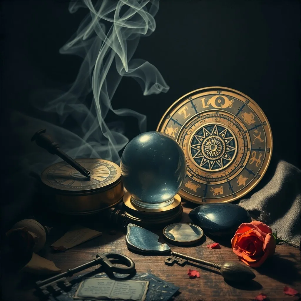 Espejo antiguo y fragmentado que refleja luz distorsionada, rodeado de cartas de tarot descoloridas, simbolizando la introspección y las verdades ocultas.