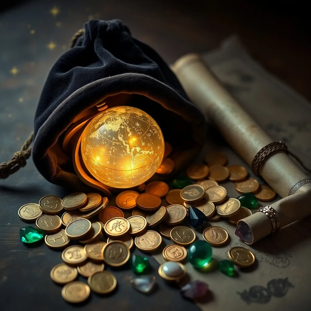 Representación 3D de pergaminos antiguos con cartas astrológicas, mezclados con gráficos financieros modernos y monedas de oro sobre una mesa de madera, iluminado por un rayo de luz.