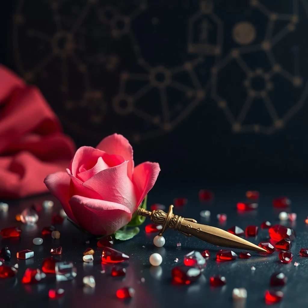 Fotografía cinematográfica de una rosa delicada y una espada antigua entrelazadas sobre terciopelo, simbolizando la unión de amor y pasión.