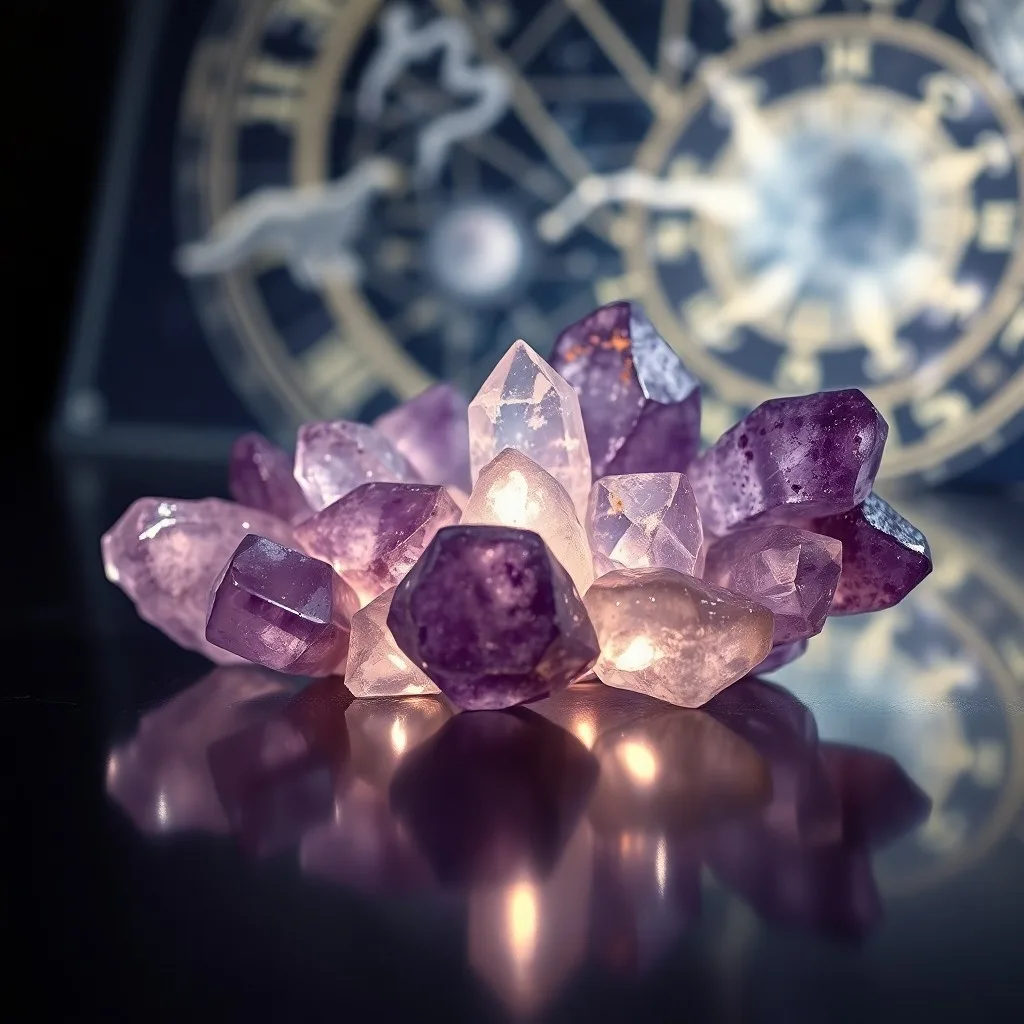 Primer plano cinematográfico de cristales de amatista, cuarzo transparente y cuarzo rosa sobre una superficie de madera, con humo de incienso difuminado.