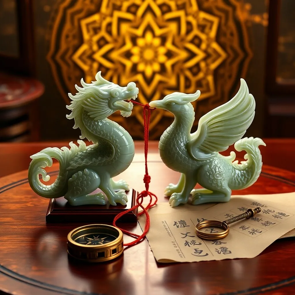 Fotografía vintage de un pergamino con símbolos del zodiaco chino y una rueda astrológica, sobre un escritorio antiguo de madera, con un colgante de jade iluminado, evocando sabiduría y tradición.
