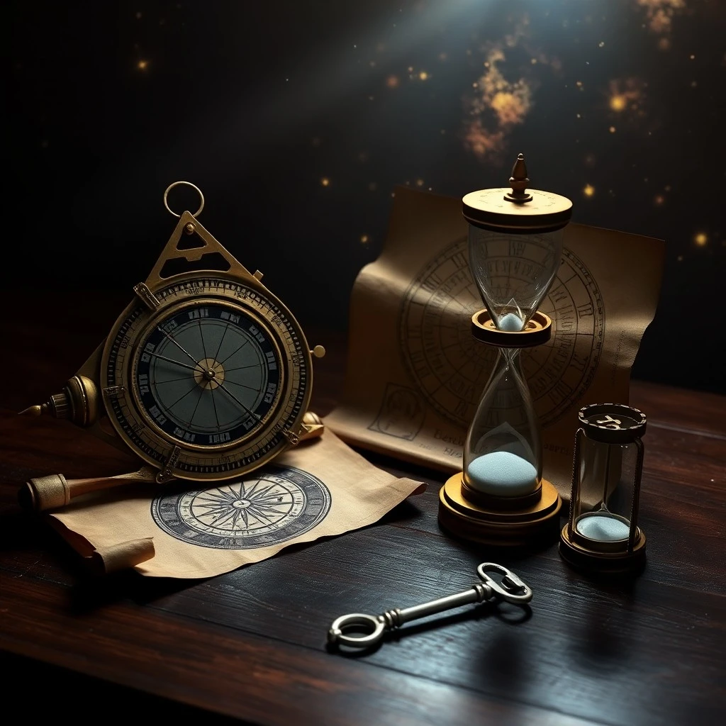 Antiguo astrolabio de bronce sobre un fondo de terciopelo oscuro, con grabados intrincados de constelaciones y símbolos astrológicos, evocando la sabiduría ancestral y la medición del tiempo celestial.