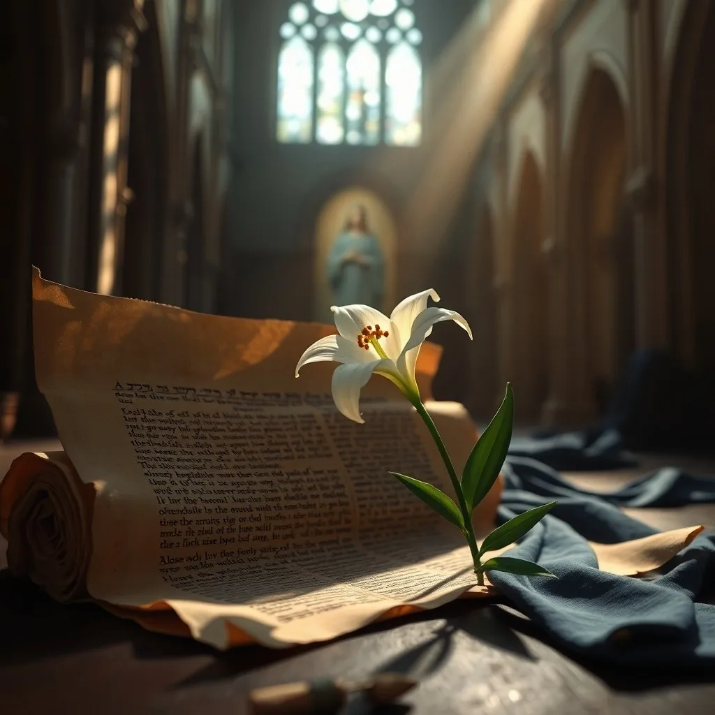 Una Biblia antigua de cuero abierto en una página con escritura hebrea intrincada, iluminada por un rayo de luz dorada a través de un vitral. Al lado, una pluma de ave antigua y un tintero, simbolizando la inspiración divina y la transcripción.