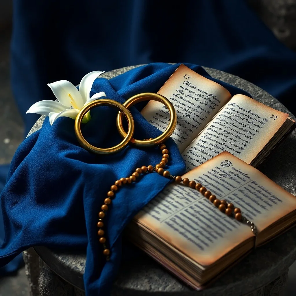Bodegón cinematográfico de textos teológicos antiguos y pergaminos, iluminados por una vela, con una pluma sobre un libro abierto.