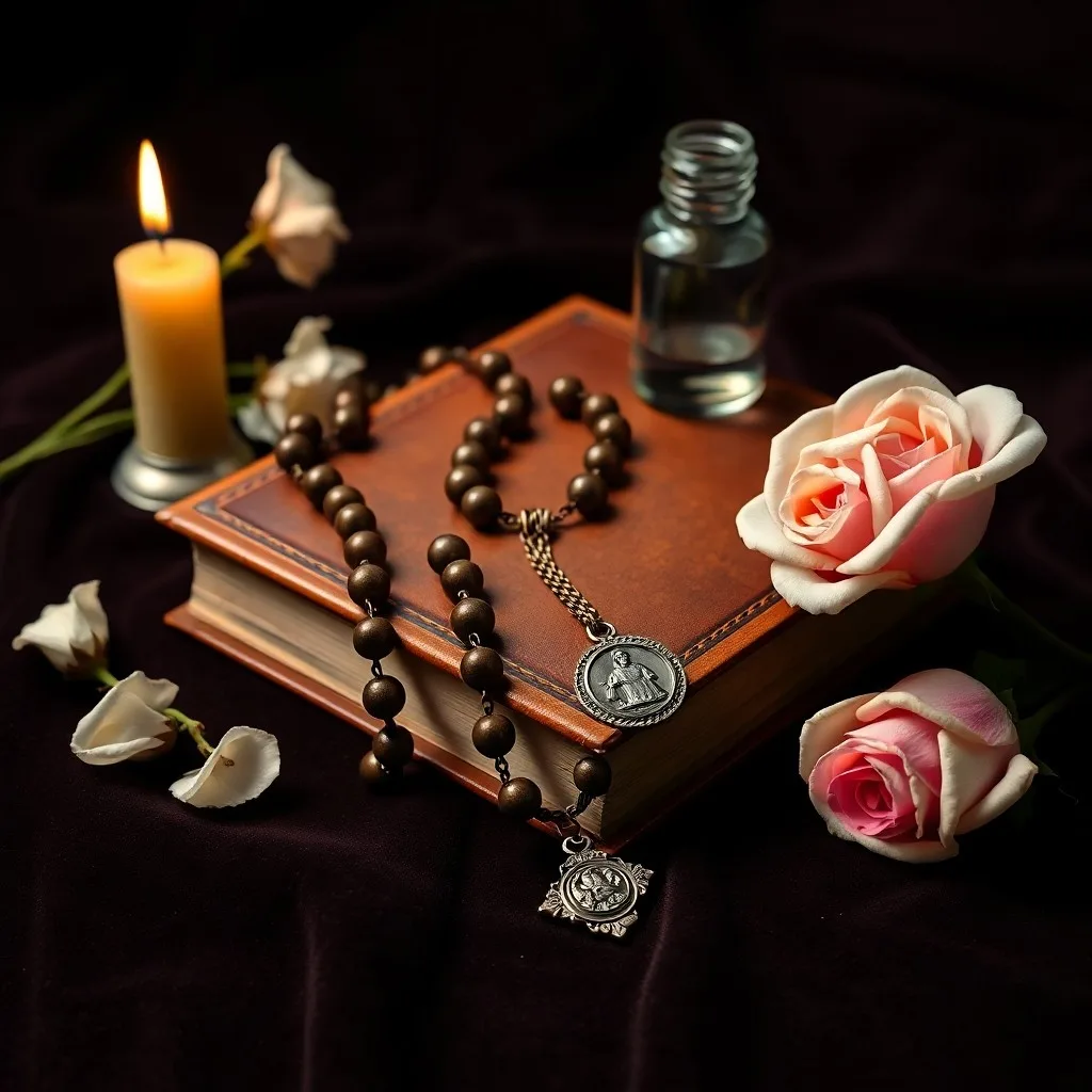 Fotografía vintage de un misal abierto con escrituras en latín, rodeado de medallas religiosas antiguas y un crucifijo de madera, evocando la devoción histórica.