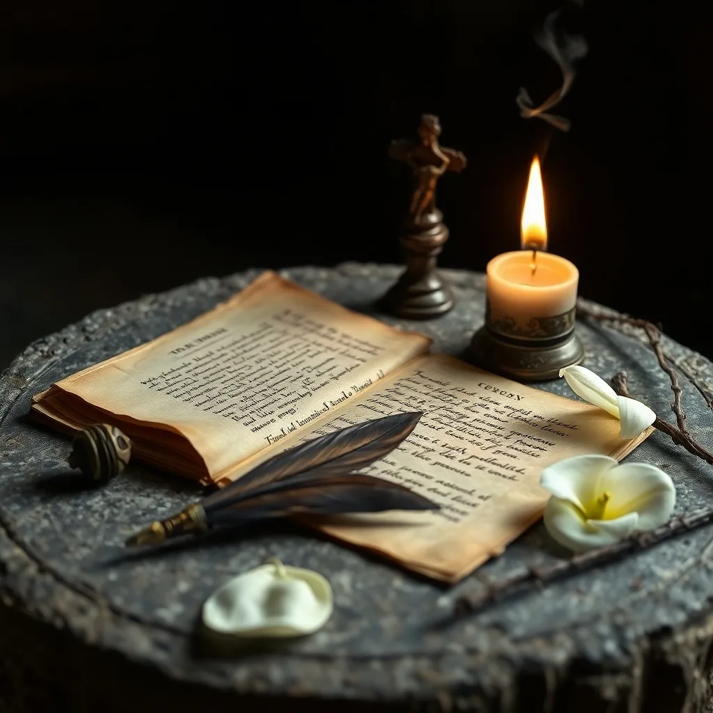 Una pluma de ave antigua reposando sobre un pergamino enrollado, con tinta derramada y un candelabro de hierro forjado al fondo, evocando la escritura mística en tiempos de dificultad.