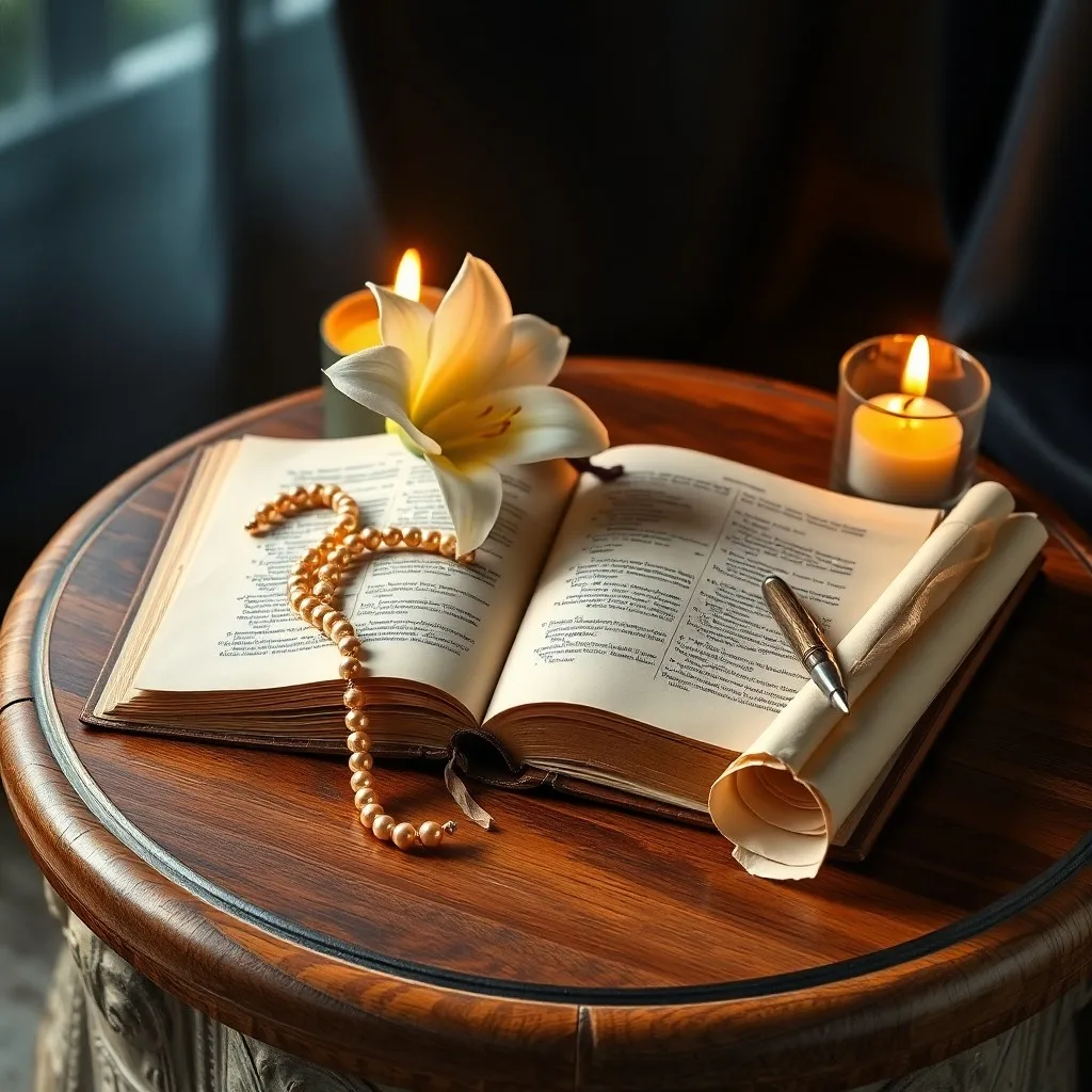 Acuarela de un rosario sobre una Biblia abierta, con una vela encendida en un ambiente de oración matutina.